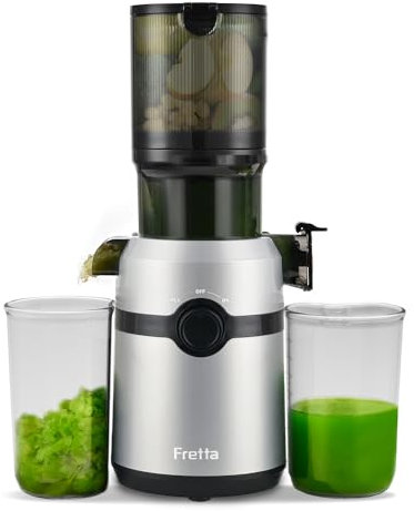 Fretta Extractor de Zumos y Verduras, Apertura de 108MM y Capacidad de 1L, Licuadora Prensado en Frio para Frutas Enteras, 200W Slow Juicer Machine, Montaje y Limpieza Rápidos, Sin BPA(Plata, 1L)