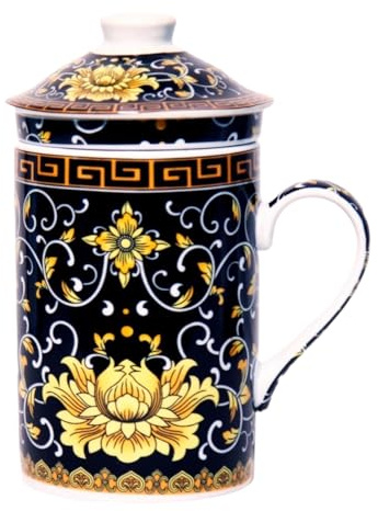 Tazza da tè in ceramica con coperchio + colino per tè sfuso con motivo asiatico (ninfea gialla, 497) tazza cinese giapponese per gli amanti del tè, in porcellana, regalo per caffè asiatico