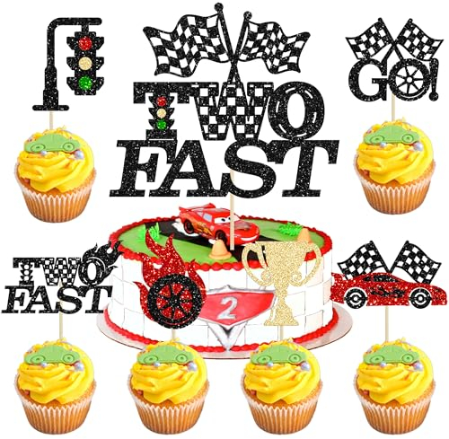 Gyufise 25Pcs Two Fast Cake Topper Race Car Cupcake Toppers Racing Car Theme Cake Decoration for Trophy Flag Race Car Theme Kids 2nd Birthday Party Supplies