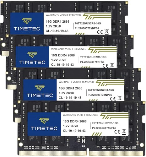 Timetec 64GB KIT (4x16GB) DDR4 2666MHz (DDR4-2666) PC4-21300 (PC4-2666V) Non-ECC Unbuffered 1.2V CL19 2Rx8 Dual Rank 260 Pin SODIMM Laptop Notebook PC Computer Memoria RAM Modulo Upgrade
