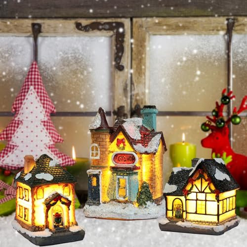 Tanant 5 Pezzi Set di Casette Natalizie in Resina per Decorazioni Natalizie Statuine Natalizie in Resina Casetta Piccoli Ornamenti Illuminano la Casa Natalizia per la Decorazione