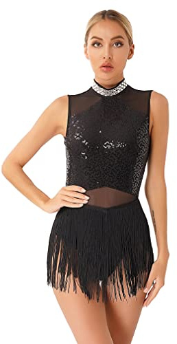 MSemis Damen Tanzkleid mit Pailletten Fransen Latein Kleid Ärmellos Neckholder Ballett Tanzbody Leotard Salsa Cha-cha Rumba Outfits Schwarz L