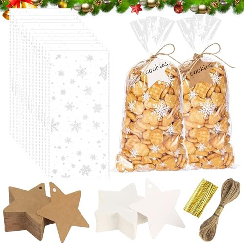 Weihnachten Plätzchentüten,100 Stück Schneeflocke Cellophantüten,Weihnachtstüten zum Befüllen,Kekstüten Weihnachten,CellophantütenKlein,OPP Cellophantüten Geschenktüten mit 100 Stern Geschenkanhänger