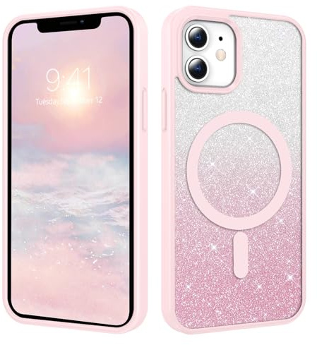DUEDUE Cover Magnetica per iPhone 12 Mini, iPhone 13 Mini 5.4 Cover[Compatibile con MagSafe], Custodia per iPhone 12 Mini/13 Mini Case Glitter Sottile Lucida TPU Silicone Anti-Scivolo, Gradiente Rosa