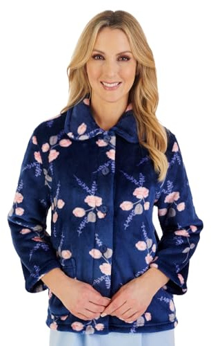 Slenderella Camellia Veste de lit en polaire boutonnée à manches 3/4, bleu marine, 48-50