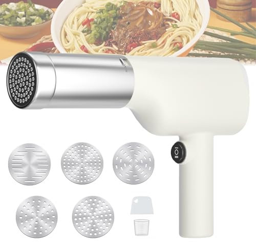 Máquina de Pasta Eléctrica de Mano,Máquina Portátil Automática para Hacer Fideos,Máquina Recargable Multifuncional para Hacer Fideos y Ramen con 5 Formas de Pasta,Máquina para Pasta Fresca