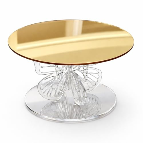 Alzatina Decorativa Rotonda con Farfalle in Plexiglass Oro, Base a Specchio, per Catering Dolci | Alzate per Wedding, Comunione, Negozi, Esposizione, tema Farfalla. (Grande Ø25 x h15 cm)