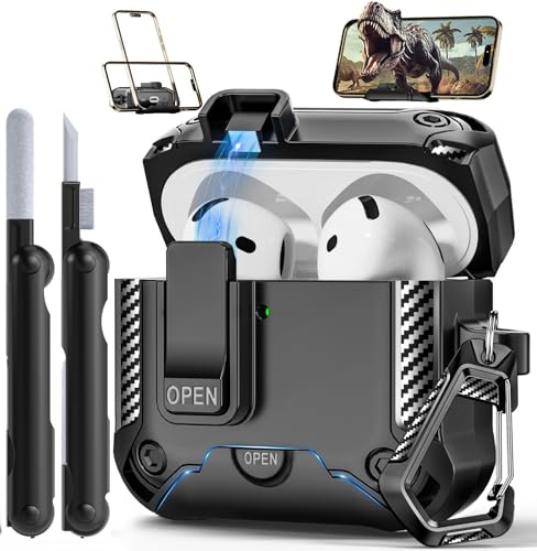 TNSNK Case for AirPods 4 | Drop Protection for Airpods 4 Case Compatible with AirPods 4th Gen, Safety Lock, for Apple Airpods Case with Cleaning Kit & Carabiner, Anti-Scratch, Built-in Stand & Magnet