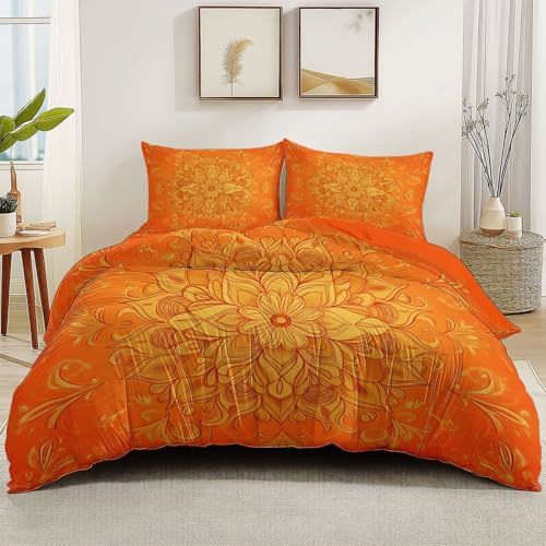 Bettwäsche Reversibel 200 x 220 cm für Kinder Teens Mädchen, Geometrisches einfaches Mandala Thema Bettwäsche Set 100% Mikrofaser Betten Set, Bügelfrei Knitterfrei mit Reißverschluss orange Farbe