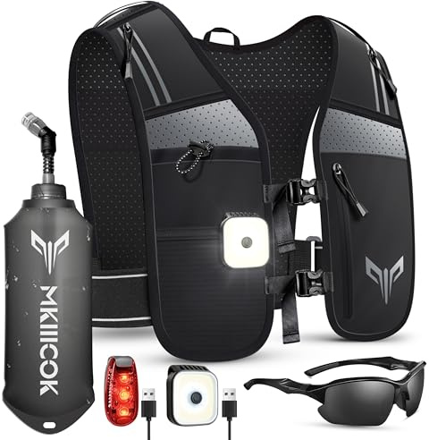 LED Running Vest for Men & Women with Phone Holder & 500ml Water Bottles - Reflective Lightweight Running Hydration Vest for Night Running, Marathon, Trail, Cycling (Black A, One Size)