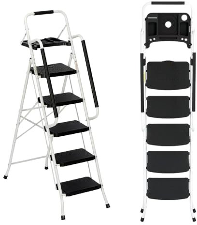 Easylife Genius Safety 5 Stepladder with Hand Rails – Non-Slip Steps & Rubber Feet, Foldable Steel Frame – 150kg Max Weight – Heavy Duty Step Ladder for Home, DIY & Garden Use - Fully Guaranteed