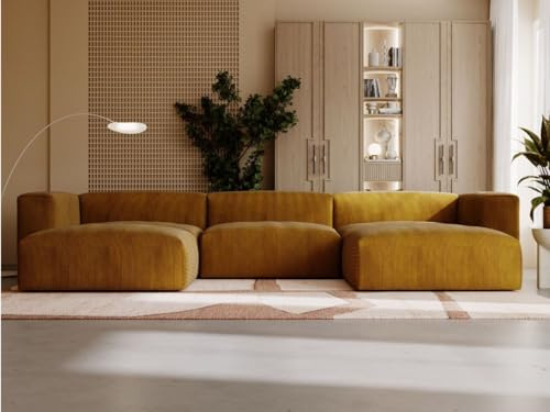 GRAINGOLD Landi Ecksofa 340x180 cm, U-Form Sofa, Ecksofa für Wohnzimmer, Cord Stoff, 5-Sitzer Wohnlandschaft, Modernes Design (Braun)