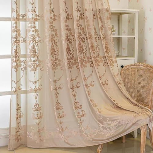 Ricemru Französisch Retro Vorhange Transparent Ösen Braun Jacquard Blumen Gardinen Lichtundurchlässig Lichtfilterung Ösenschal Dekoschal für Wohnzimmer Schlafzimmer,2er Set 140x215