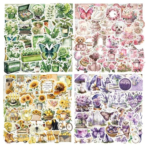 Vintage Ästhetik Aufkleber – Aquarell-Design & Retro-Motive für Scrapbooking, Journaling, Laptops & Flaschen – Wasserdichtes Deko-Set für Erwachsene & Teenager, 4 Themenwelten