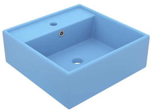 Lavabo carré de luxe avec robinet et trop-plein, Vasque à poser, Convient pour salle de bain et toilettes invités, Bleu clair mat 41x41x15 cm Céramique