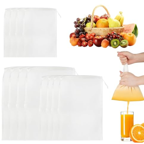 ZORVYN 12 Pièces Sac à Lait Végétal Réutilisables et Lavables, en Nylon, Mousseline avec Cordon de Serrage, Filtrant Alimentaire pour Fromage, Fruits, Café, Jus de Légumes, Étamine (3 tailles)