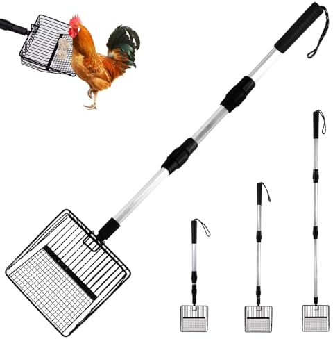 Hühnerstall Zubehör, 3 in 1 Siebschaufel, Einstellbare Hühnerkotschaufel, 106cm Länge Hühnerschaufel, Metall Reinigungswerkzeug für Hühnerstall, Chicken Poop Scooper (Schwarz)