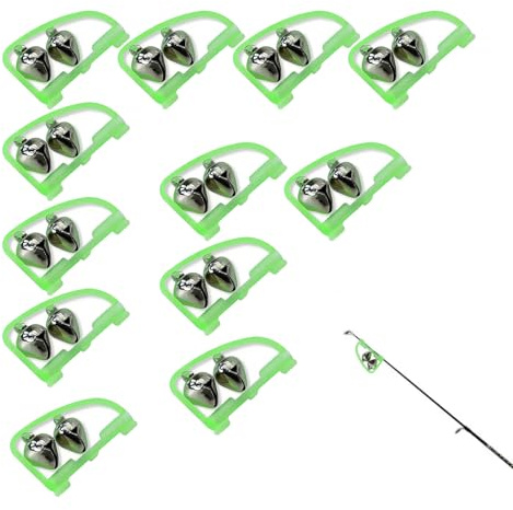 Shirene Bissanzeiger fürs Angeln,12 Stück Fishing Bells Angeln Alarm,Hochempfindliche Edelstahlglocken & Grüne Kunststoffclips – Rutenspitzenbeleuchtung für Meeres- und Nachtangeln