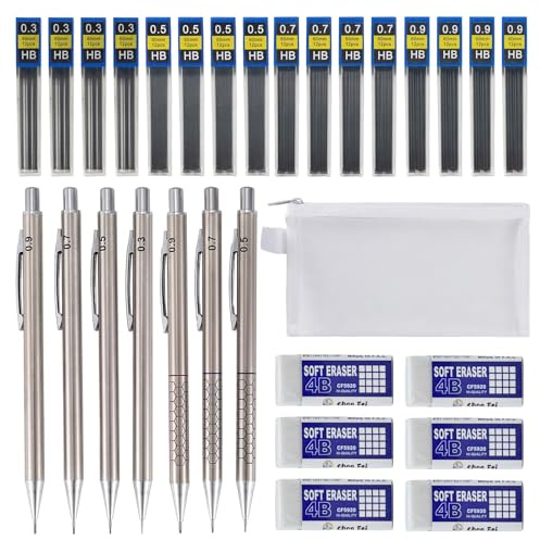 Rbleote 30-Teiliges Metall Druckbleistift Set,Mit 7 Stück Druckbleistift 0,3, 0,5, 0,7 Und 0,9 Mm,Minenbleistift set, 16 Schachteln Bleistiftminen,6 Radiergummis Und Einem Federmäppchen