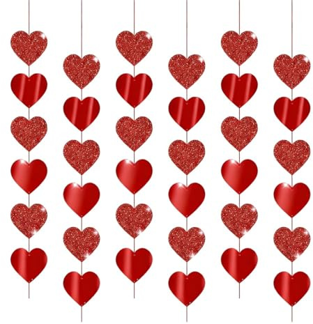 XENQITO 6 Pezzi Decorazioni Pendenti Cuore, Ghirlanda di Cuore Rosso, San Valentino Decorazione Glitter Banner Cuori Sospeso per il Compleanno di Matrimonio San Valentino Casa del Soffitto Decorazioni