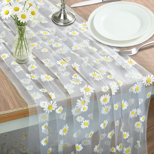 Runner da Tavolo, 75 X 300 CM, Runner Tavola Moderno, Runners Primaverile, Runners da Tavolo Con Motivo A Margherita, Tessuto In Tulle di Pizzo Ricamato /Bianco