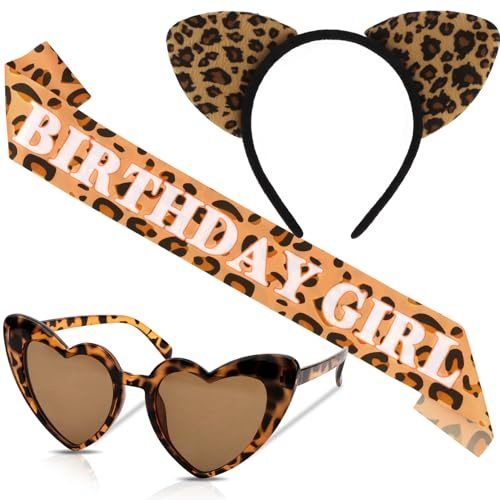 Zosutetoxo Décoration d'anniversaire pour femmes Léopard Ensemble Écharpe Birthday Girl avec serre-tête oreilles de chat et lunettes de soleil cœur Costume de fête pour dames et filles