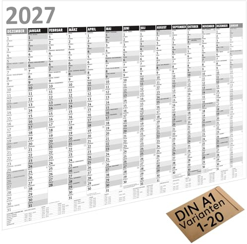 MARZEI24® Din A1 Wandkalender 84,1 cm x 59,4 cm für 2027 Kalender Planer M1 | Mengenrabatt, 14 Monate, Papier: 135 g/m², Kalenderwochen, Schulferien, Gefaltet auf Din A4, Feiertage, Jahresplaner, Termine