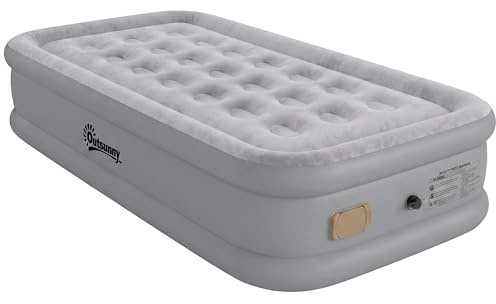 Outsunny Materassino Autogonfiante Singolo, Materassino da Campeggio, Superficie Floccata, Impermeabile, con Pompa di Gonfiaggio e Borsa di Trasporto, 190x97x39 cm, Grigio