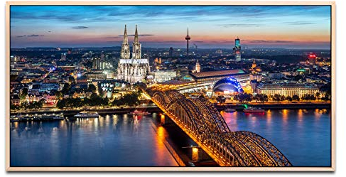 Köln Skyline ca. 130x70cm Wandbild inklusive Schattenfugenrahmen naturfarbend - Panorama Leinwand Bild XXL Format Wandbilder Wohnzimmer Wohnung Deko Kunstdrucke
