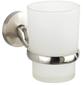 WENKO Zahnputzbecherhalter Cuba Matt, Abnehmbarer Zahnbecher aus satiniertem Glas, Halterung in massiver Qualität aus rostfreiem Zinkdruckguss mit mattiertem Finish, 7 x 9,5 x 11,5 cm