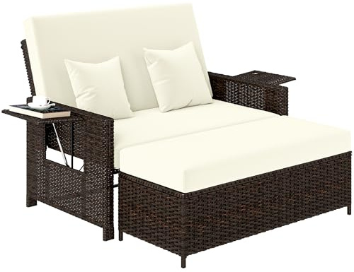 Outsunny Divanetto da Giardino Componibile con Panca, Mobili da Giardino in Rattan Marrone, Set 2 Pezzi Salvaspazio