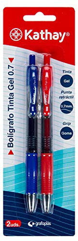 Kathay 86210598 - Confezione da 2 penne gel, colore blu e rosso, punta 0,7, chiusura a clic, ideali come materiale scolastico