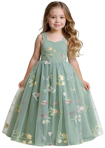 2Bunnies Girl Enchanted Floral Embroidered Tulle Flower Lace A-Line Garden Party Flower Girl Dress (Sage Bow Maxi, 5)