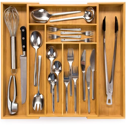 budu Besteckkasten für Schubladen #47 (Tiefe 47cm) aus Bambus - Ausziehbarer Besteckeinsatz - Schubladen Organizer Küche - Schubladeneinsatz - Kitchen drawer organizer