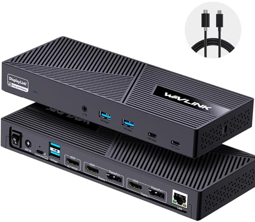 WAVLINK Displaylink Docking Station 3 Monitors with 130W Power Delivery, 10Gbps USB for MacBook (M1-M5, Neo) & Windows, USB-C(3 HDMI, 2 DisplayPort, 2 USB-C, 4 USB3.1, Ethernet, Audio)