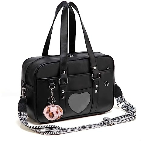 Chillpaper Große japanische Schul-Umhängetasche, Kunstleder-Tragetasche, Kuriertasche, Umhängetasche mit rosa Pompon-Streifen, A3 große Größe, schwarze Herz-Fenstertasche, Large, Kuriertasche