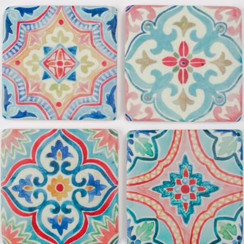 Ceramic Morrocan Geometric Tile Drink Coasters Set of 4 Cork Backed Table Mats