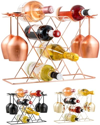 Gusto Nostro Porta Botellas de Vino con Porta Copas - Estante para Vino Moderno - Organizador de Botellas para Tus Vinos y Copas - Wine Rack and Glass Holder - Estantería Metálica para Encimera, Mesa