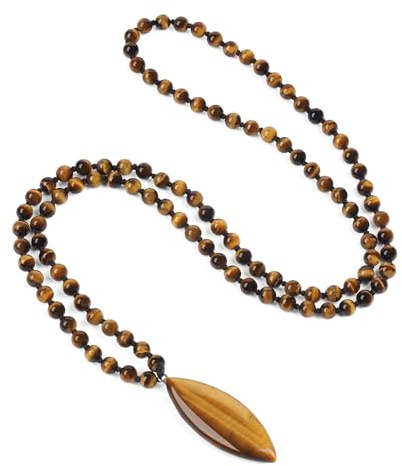 COAI Collana Rosario Uomo Donna, Collana Mala 108 Grani di Occhio di Tigre Annodati a Mano con Ciondolo Foglia di Occhio di Tigre