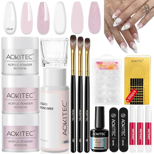 Aokitec Acrylic Nail Kit, Clear Light Pink Glitter Pink Acrylic Powder with Acrylic Liquid Acrylic Nail Brush Half-cover Nail Tips Nail Glue, Acrylic Nail Set for Nail Art Beginner