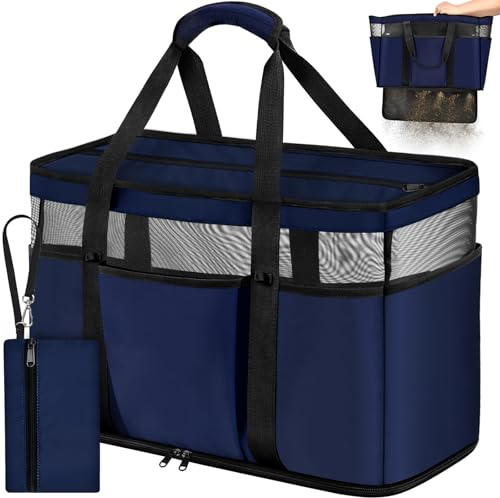 VOBUKE Strandtasche Groß Familie XXL Badetasche Wasserdicht Schwimmbad Tasche mit Reißverschluss Nassem Fach, Mesh Beach Bag Atmungsaktiv Shopper Faltbar Damen Herren für Sommer Strand Urlaub Gym 45L