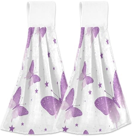 tplaotee Purple Butterfly Stars Hand Towel with Loop 2 Pack Childs washcloths Dish Drying Towels Absorbent