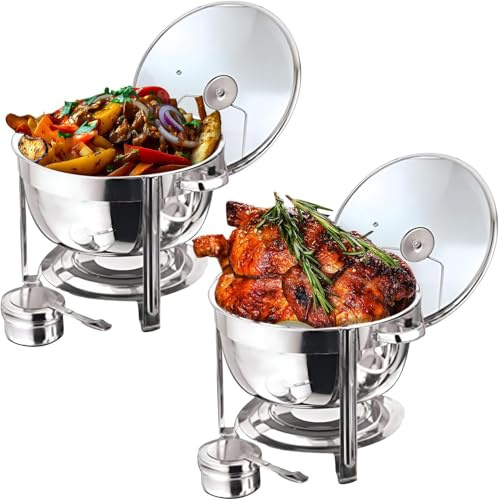 Housetronics Stainless Steel Round Chafing Dish Food Warmer Buffet 8.5 Litre with Tempered Glass Lid & Holder Food Serving for Banquet, Dinners, Weddings, Catering, Buffet, Restaurant (Set of 2)