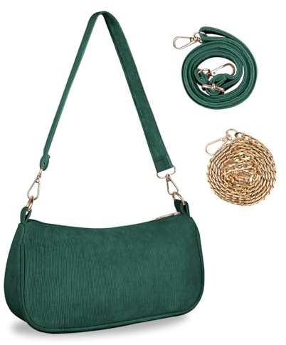 FITDON Small Shoulder Bag for Women, Corduroy Hobo Tote Handbag Clutch Purse Crescent Underarm Bag Y2k Crossbody Bags with 3 Removable Straps, Green