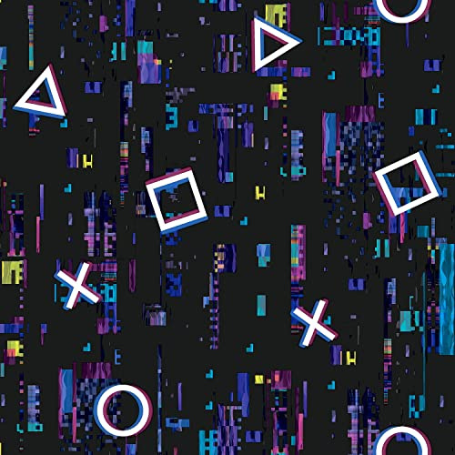 Futuristic Neon Geometric Gamer Wallpaper – Digital Glitch Pattern with Circles, Crosses, Triangles & Squares on Dark Cyber Background – Bold Modern Feature Wall Décor for Gaming Rooms, Bedrooms