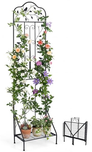 GOPLUS Treillis de Jardin en Métal pour Plantes Grimpantes, Clôture Decorative Extérieure avec Étagère Inférieure Pliable, pour Légumes, Fleur&Fruits, Support de Vignes (Oiseau Noir|50x190CM,1)