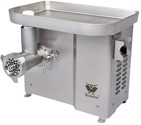 Beeketal 'FW900P' Industrie Fleischwolf für bis zu 300 kg/Std. Durchsatz mit Rückwärtsgang mit ölgelagertem Getriebe und direktübersetztem 1100W Motor - Inkl. 2 Messer, 3 Lochscheiben, Fleischstopfer