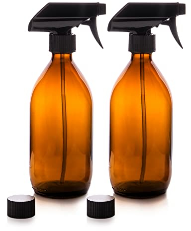 Amber Glass Spray Bottles with Trigger Pump/2 Caps. Reusable, Eco-friendly for Organic/Cleaning/Essential Oil/Plant/Hair/Pet (2 x 500 ml)