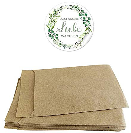 Blütensamen Tüten Set 24 Sticker Lasst unsere Liebe wachsen + 24 braune Flachbeutel - 63 x 93 mm Für Blüten Samen, Gastgeschenke, Tischdeko Aufkleber in GRÜN mit Zweigen