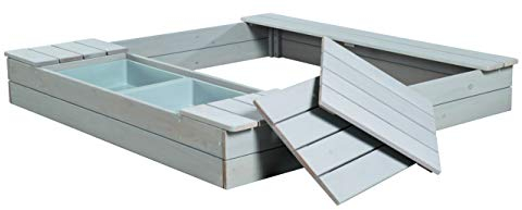 roba Sandkasten Outdoor + Spielwannen - Sandkiste aus wetterfestem Holz - 2 Spielwannen aus Kunststoff & 4 abnehmbare Sitzplatten - Massivholz grau lasiert